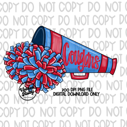 Cougars Cheer PNG Design Sublimation Hand Drawn Digital Download Football PNG Cougars Cheerleader png Clip Art Megaphone DTF Printable