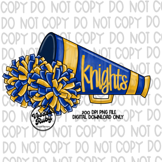 Knights Cheer PNG Sublimation Design Hand Drawn Digital Download Football PNG Blue Gold Knights png Cheerleader Clip Art Megaphone DTF