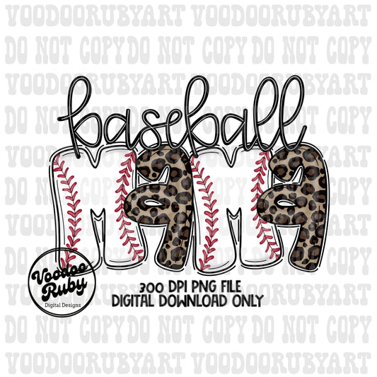 Baseball Mama PNG Design: Leopard Print, Hand Drawn Letters (Digital Download