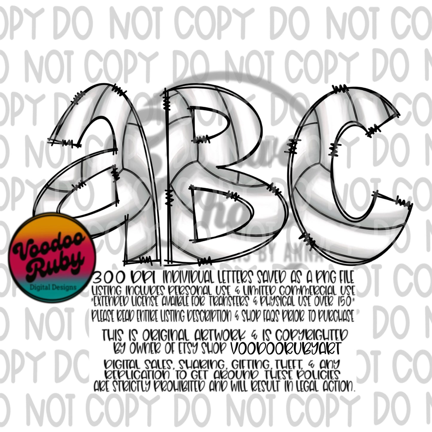 Volleyball Doodle Alphabet PNG Bundle: Hand Drawn Letters (Digital Download