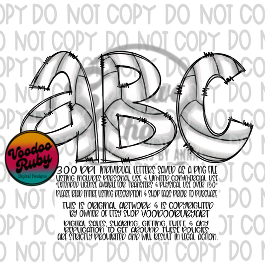 Volleyball Doodle Alphabet PNG Bundle: Hand Drawn Letters (Digital Download