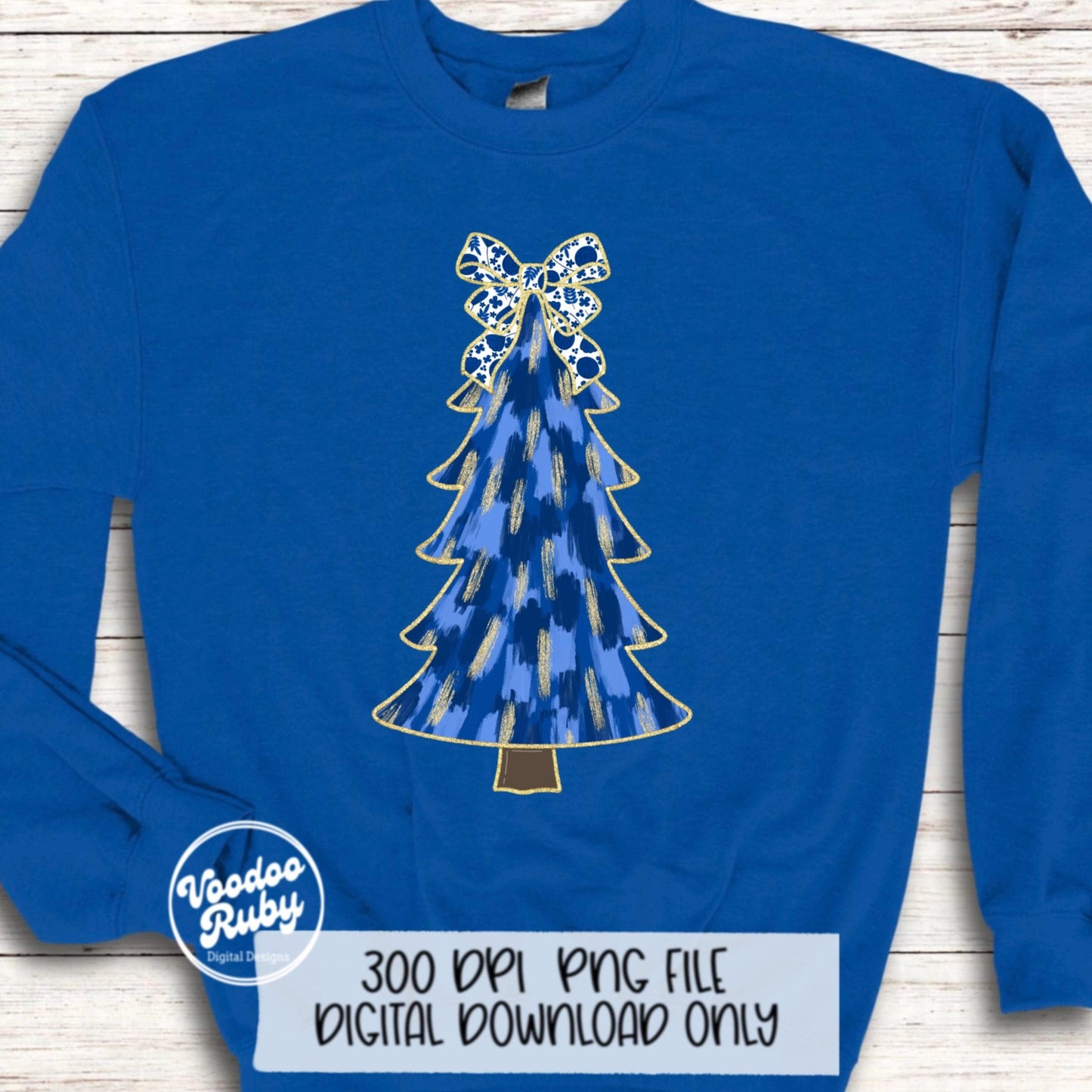 Hand Drawn Blue Floral Christmas Tree PNG | Glittery Digital Download for Sublimation | Merry Christmas Art