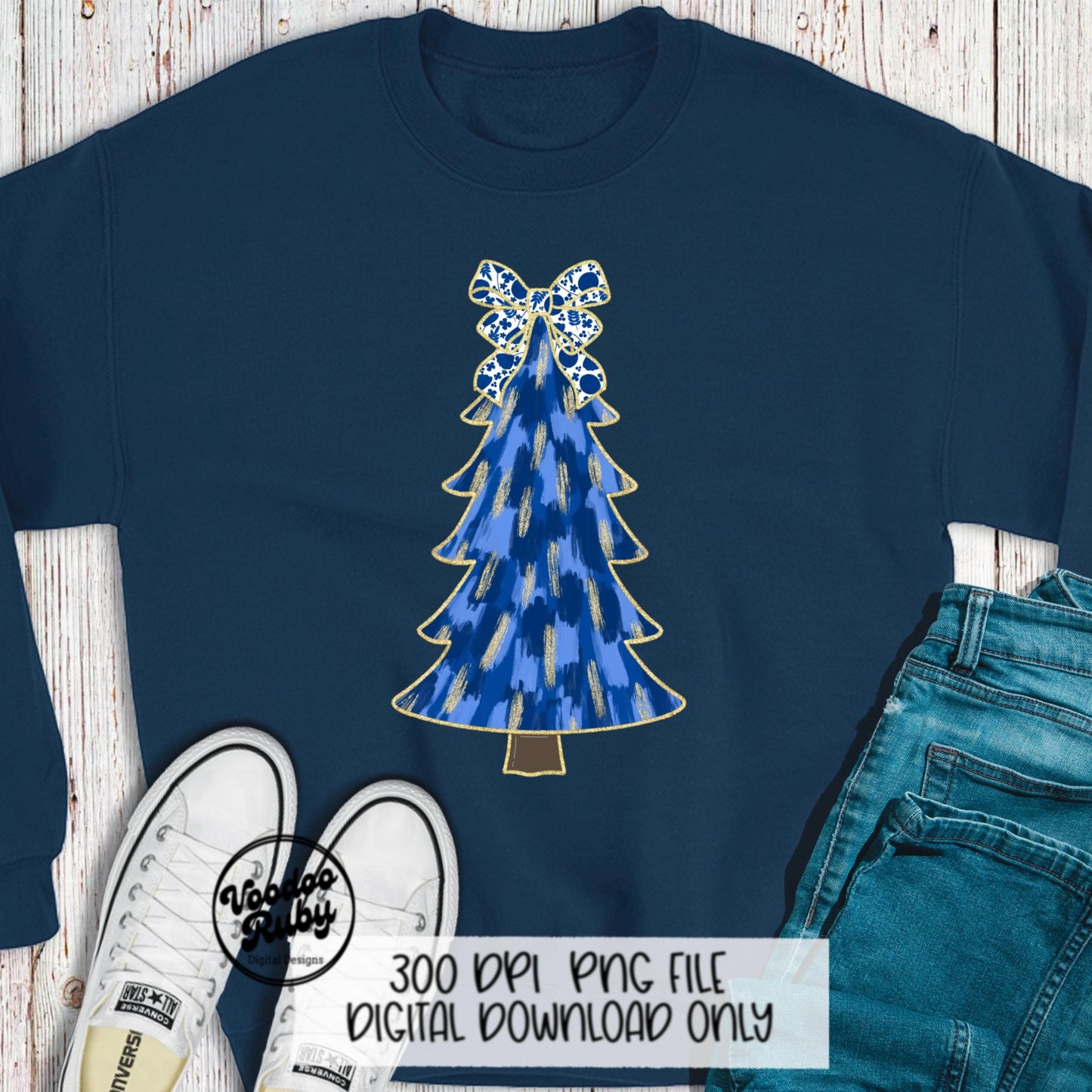 Hand Drawn Blue Floral Christmas Tree PNG | Glittery Digital Download for Sublimation | Merry Christmas Art