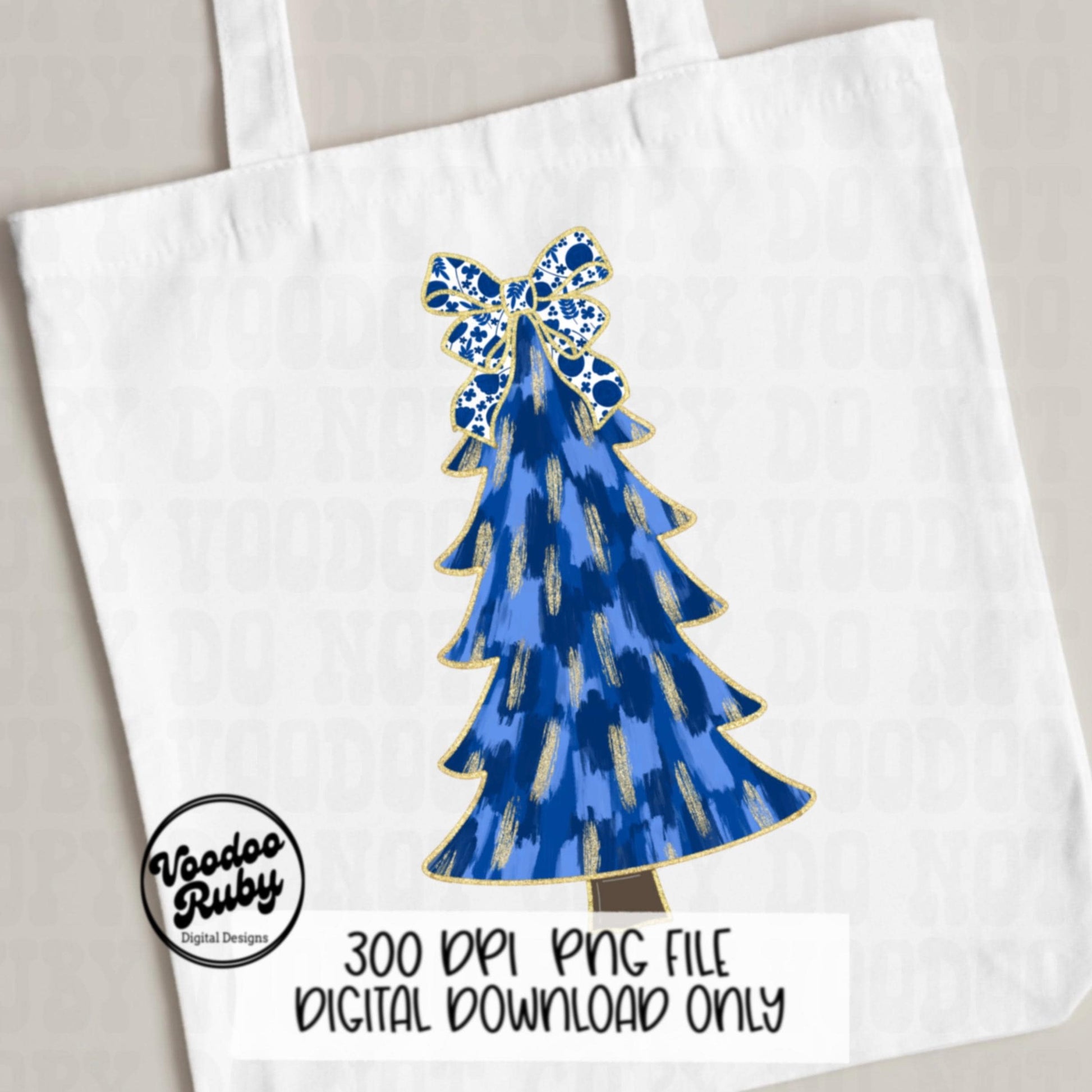 Hand Drawn Blue Floral Christmas Tree PNG | Glittery Digital Download for Sublimation | Merry Christmas Art