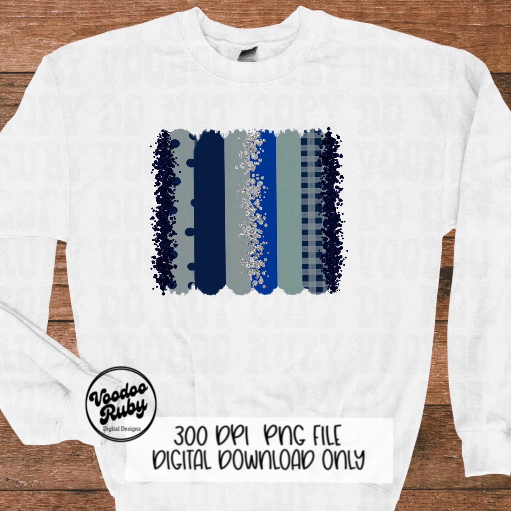 Blue and Silver Glitter Individual Brush Strokes Background Sublimation Hand Drawn Design Digital Download Football PNG Clip Art