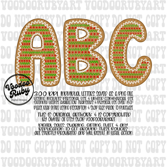 Gingerbread Alphabet PNG Design Sublimation Bundle Hand Drawn Digital Download Sublimation Letters Christmas Alpha Pack PNG DTF Printable