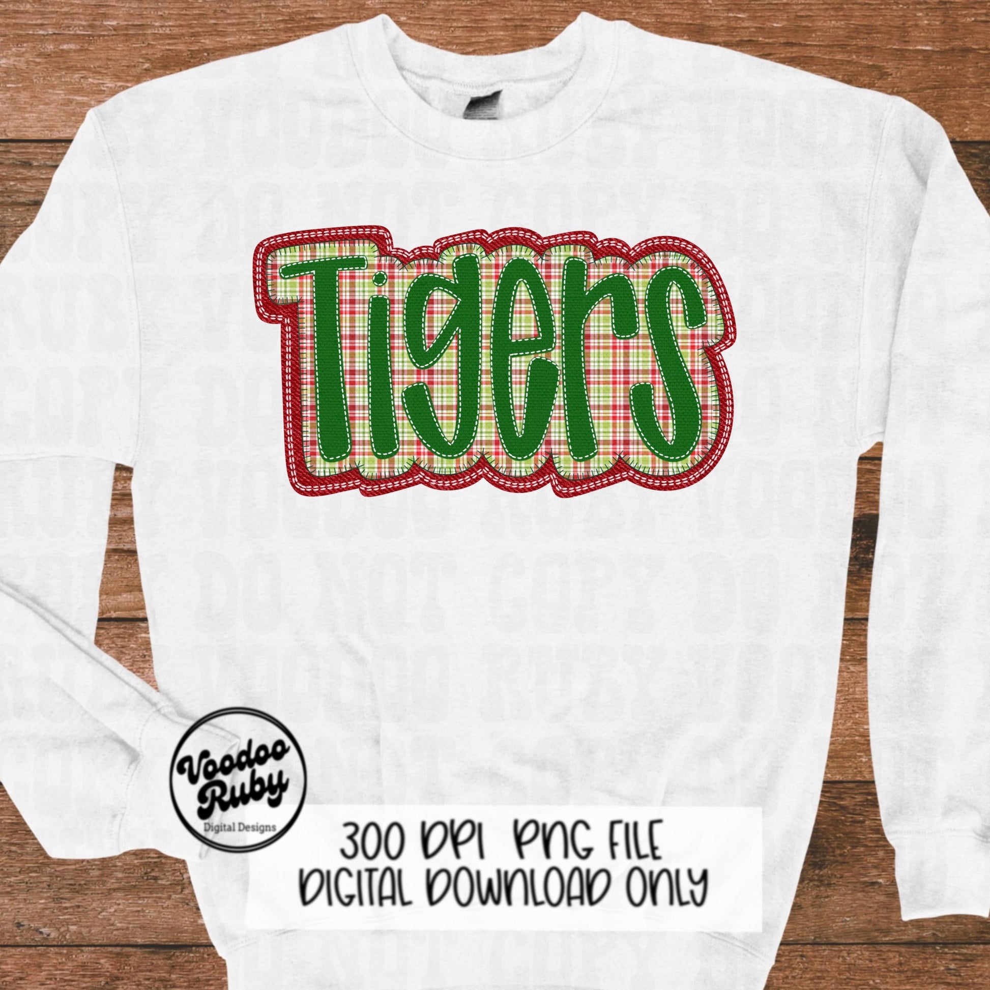 Christmas Tigers PNG Design Sublimation Hand Drawn Digital Download Faux Embroidery PNG Christmas Mascot Red Green Tigers DTF Printable