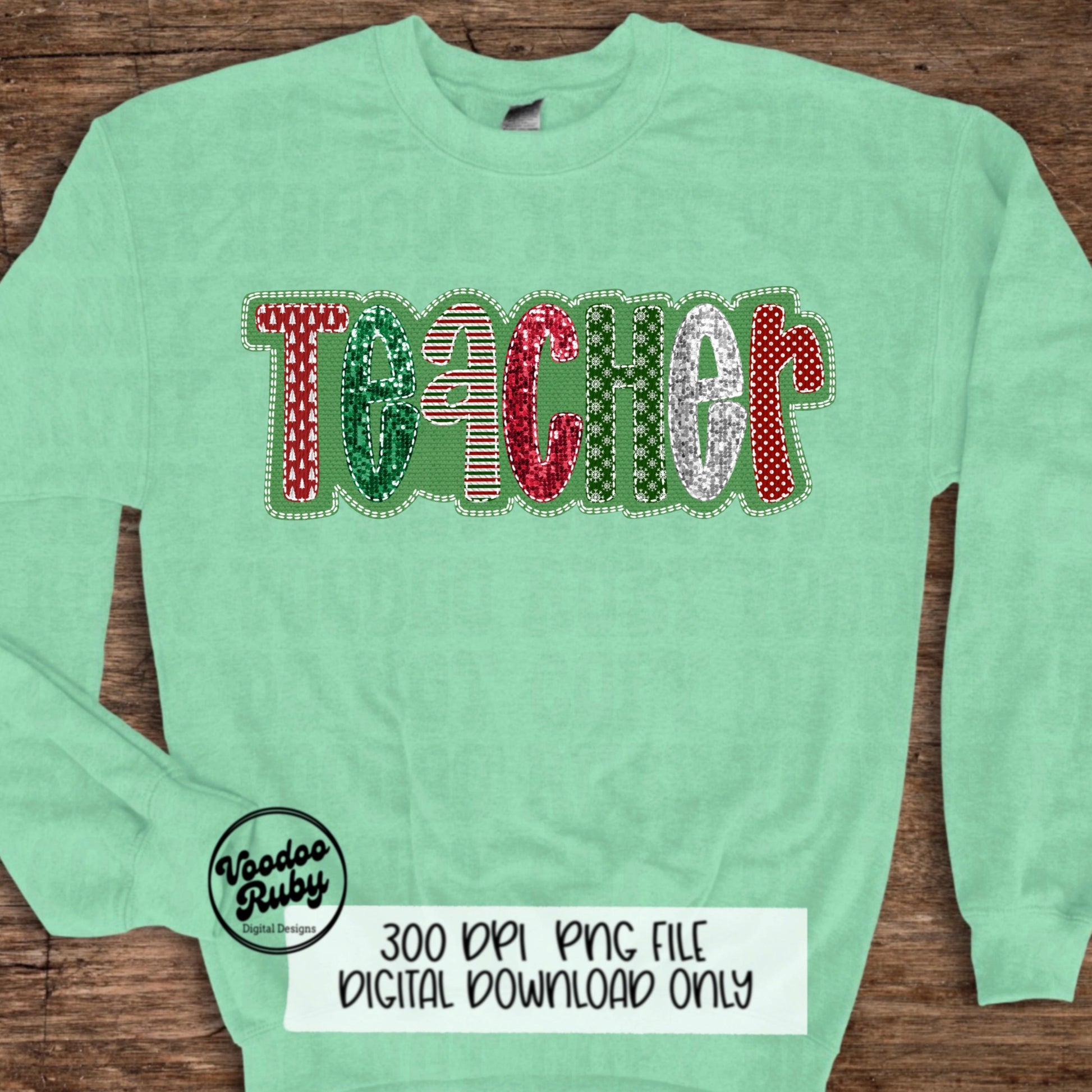 Christmas Teacher Sequin PNG Design Sublimation Digital Download Merry Christmas PNG Faux Sequins Faux Embroidery png Teacher DTF Printable