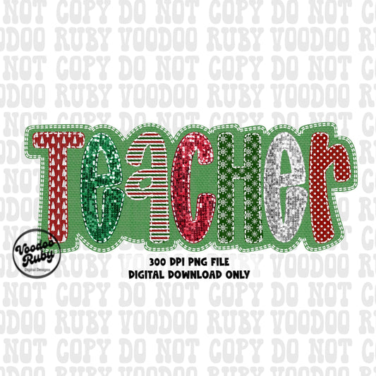 Christmas Teacher Sequin PNG Design Sublimation Digital Download Merry Christmas PNG Faux Sequins Faux Embroidery png Teacher DTF Printable