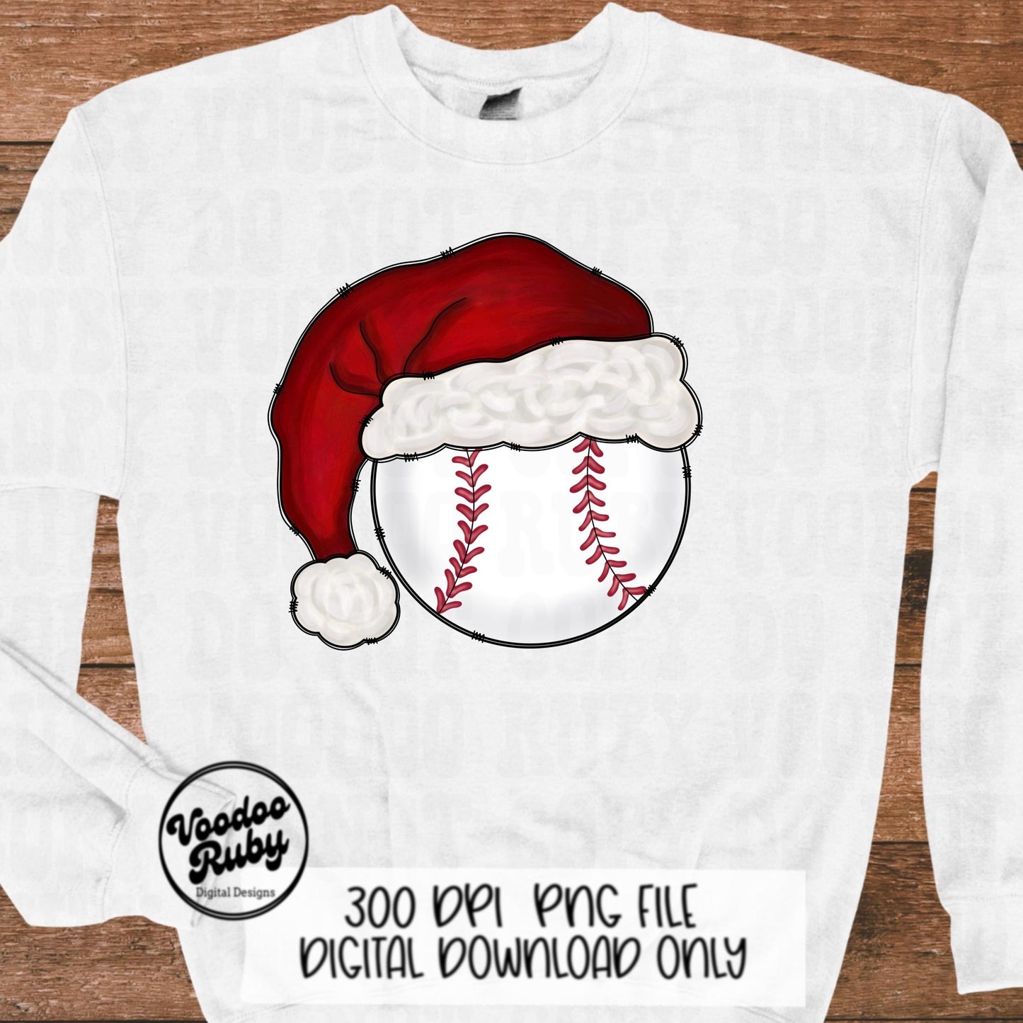 Christmas Santa Baseball PNG: Hand-Drawn Sublimation Design (Digital Download