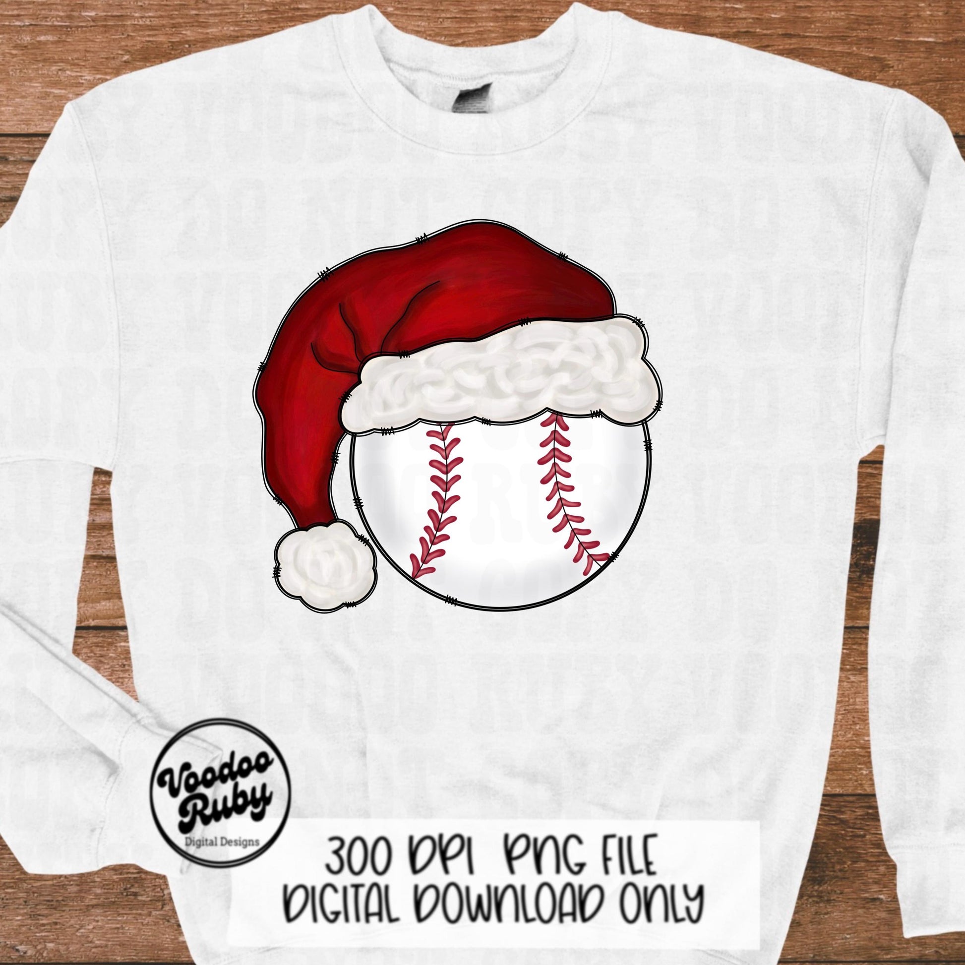Christmas Santa Baseball PNG: Hand-Drawn Sublimation Design (Digital Download