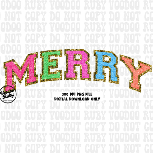 Bright colors merry chenille png faux patch with gold faux glitter background bright Christmas design in 300 dpi dtf printable