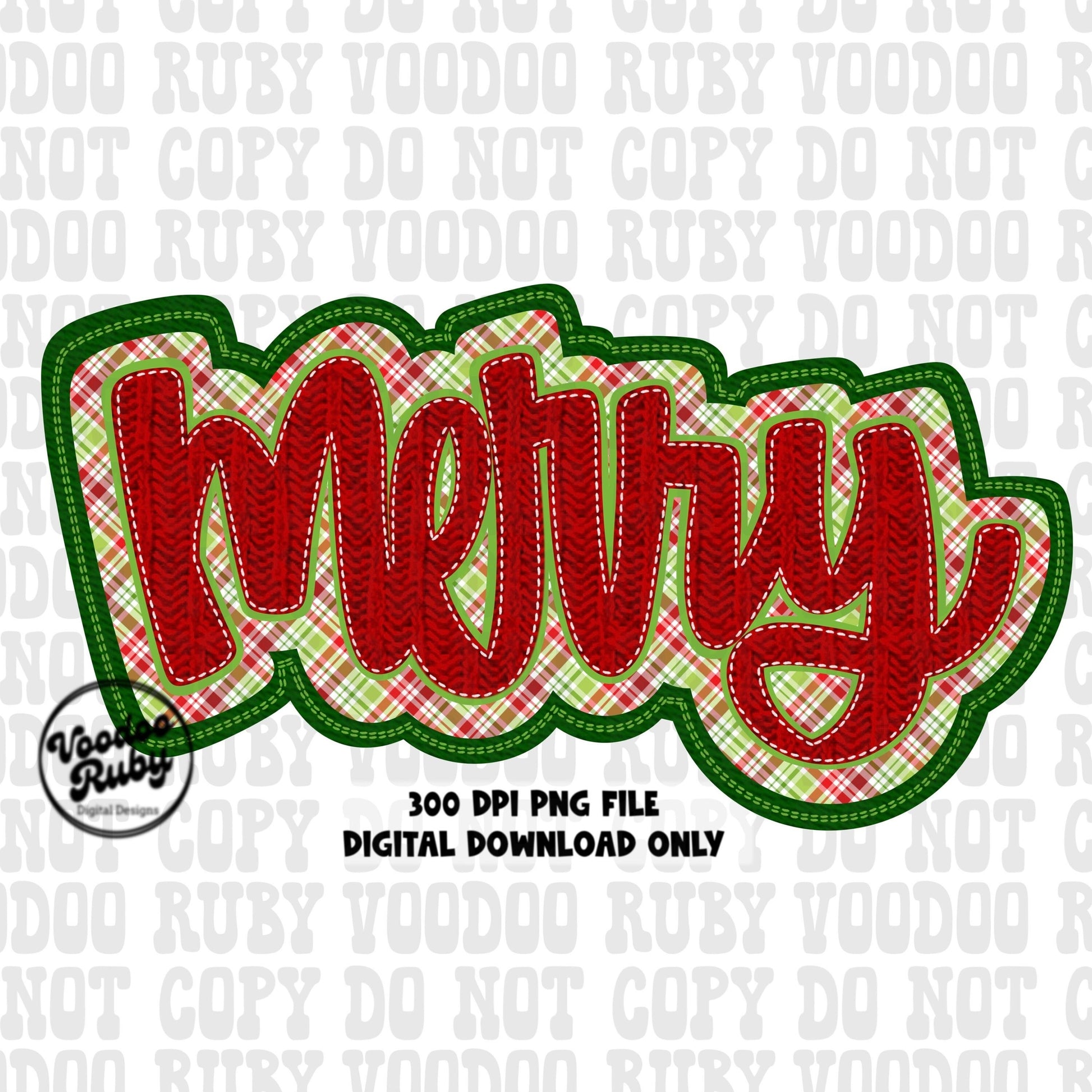 Merry PNG Design Sublimation Hand Drawn Digital Download Faux Embroidery PNG Merry Christmas Plaid DTF Printable