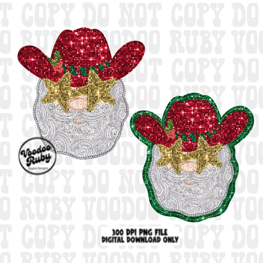 Sequin Cowboy Santa Claus PNG Design Sublimation Hand Drawn Digital Download Faux Embroidery PNG Christmas Dtf Printable Santa Clip Art