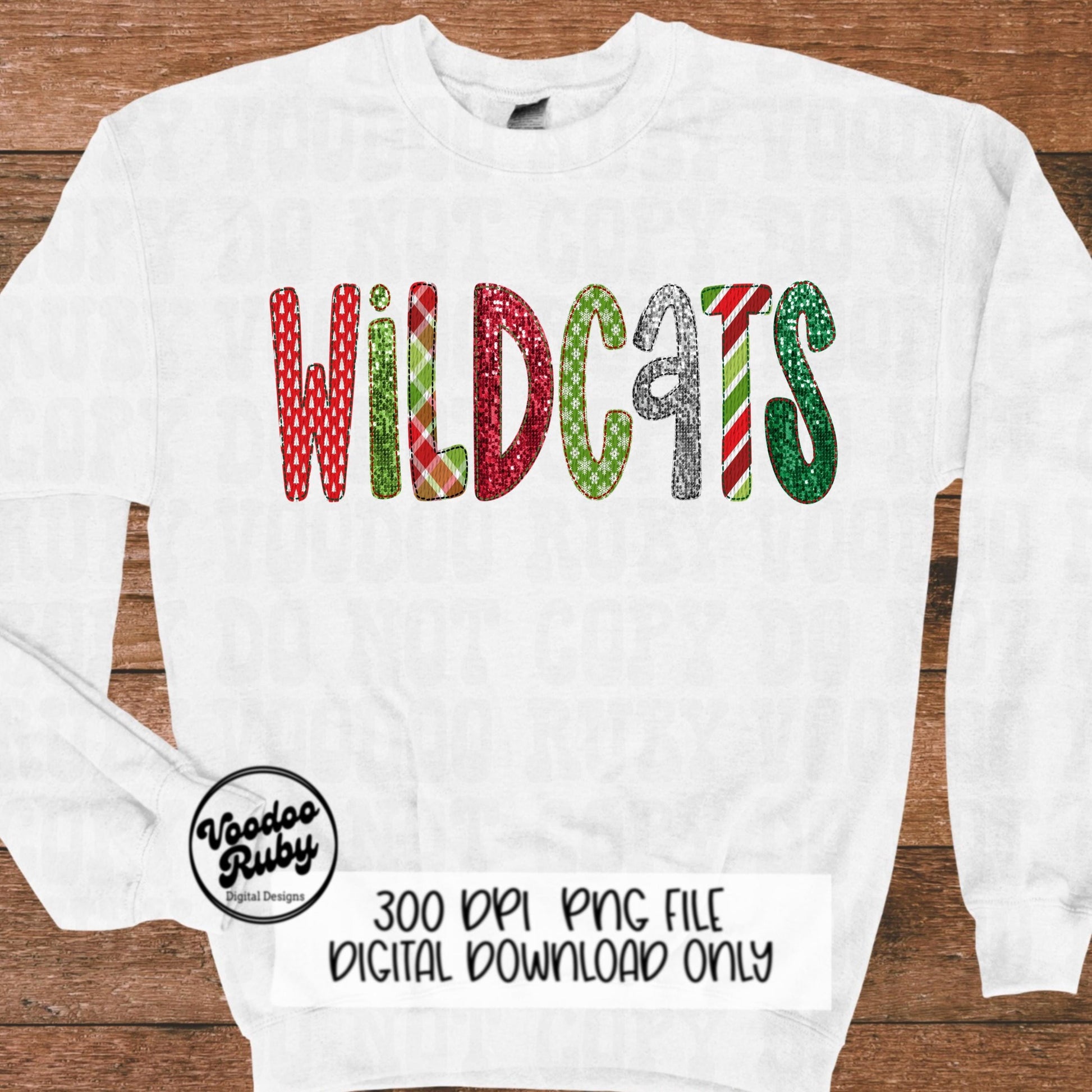 Christmas Wildcats PNG Design Sublimation Sequins Hand Drawn Digital Download Faux Embroidery PNG Christmas Mascot Wildcats DTF Printable