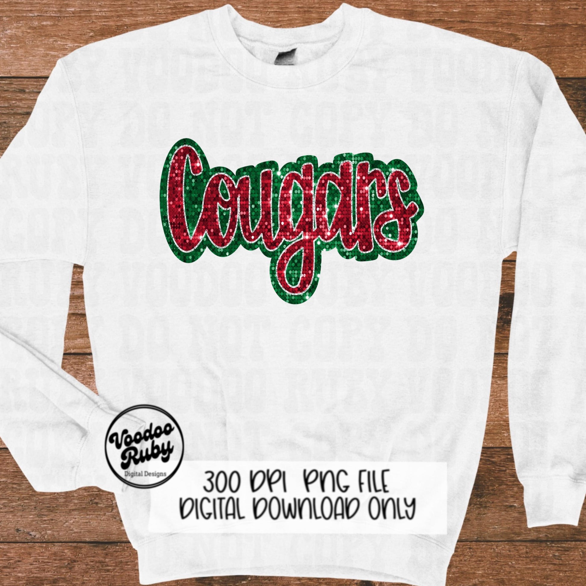 Christmas Cougars PNG Design Sublimation Sequin Hand Drawn Digital Download Glitter PNG Christmas Cougars Mascot DTF Printable
