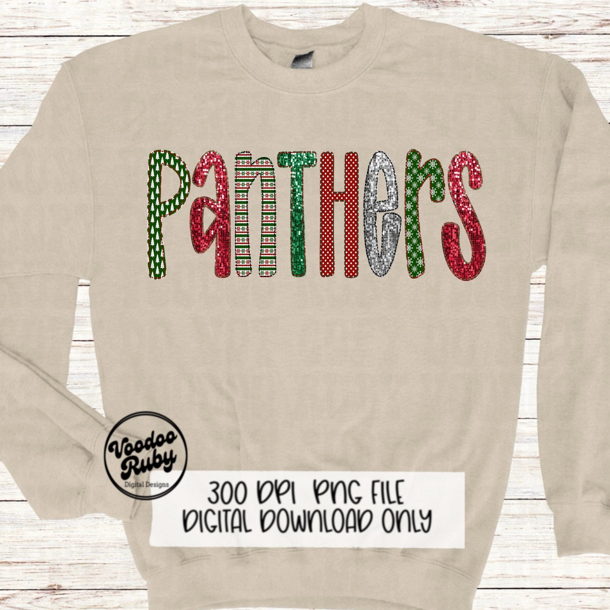 Christmas Panthers PNG Design Sublimation Digital Download Faux Embroidery PNG Faux Sequins Christmas Mascot Panthers DTF Printable