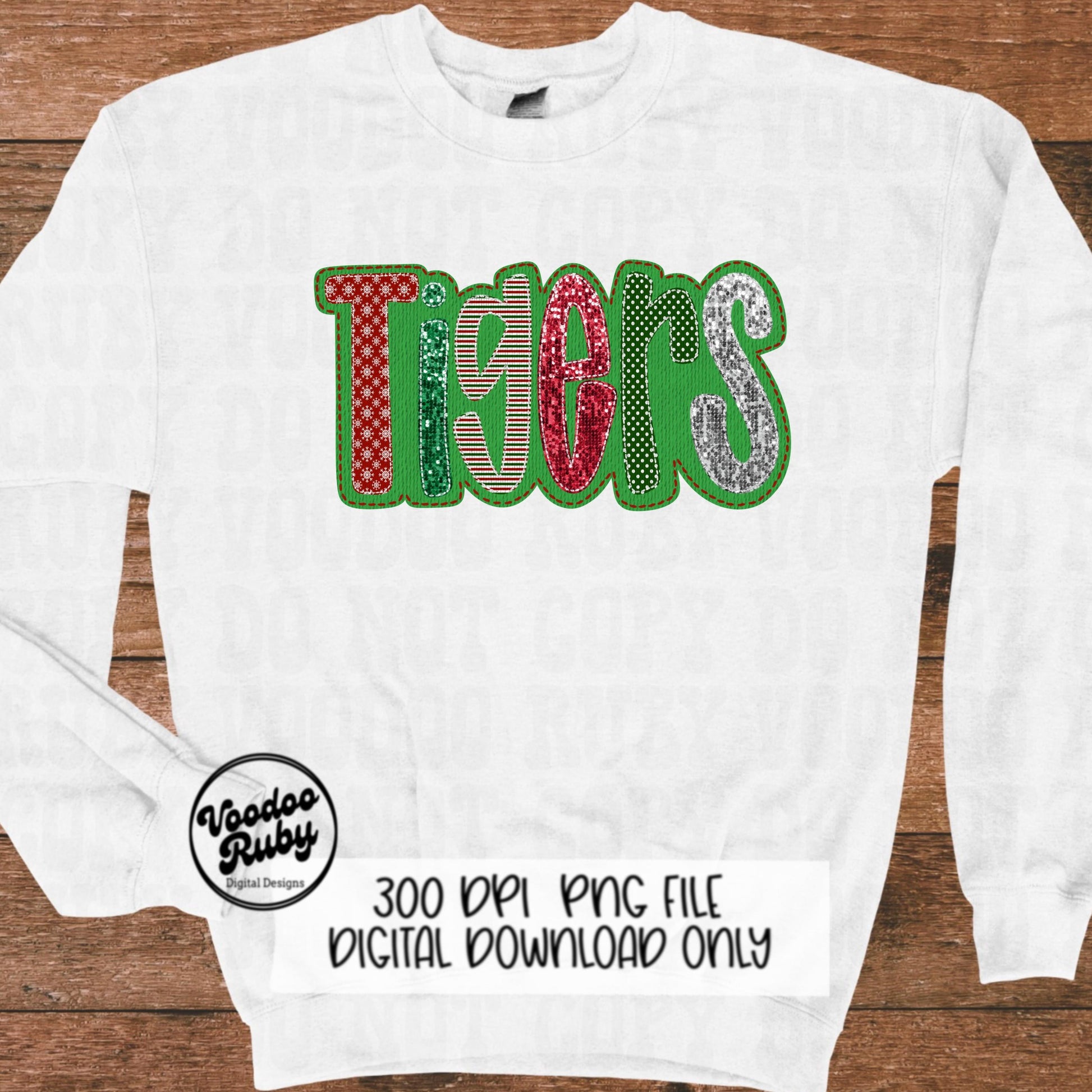 Christmas Tigers PNG Design Sublimation Faux Embroidery PNG Hand Drawn Digital Download Christmas Mascot Faux Sequin Tigers DTF Printable