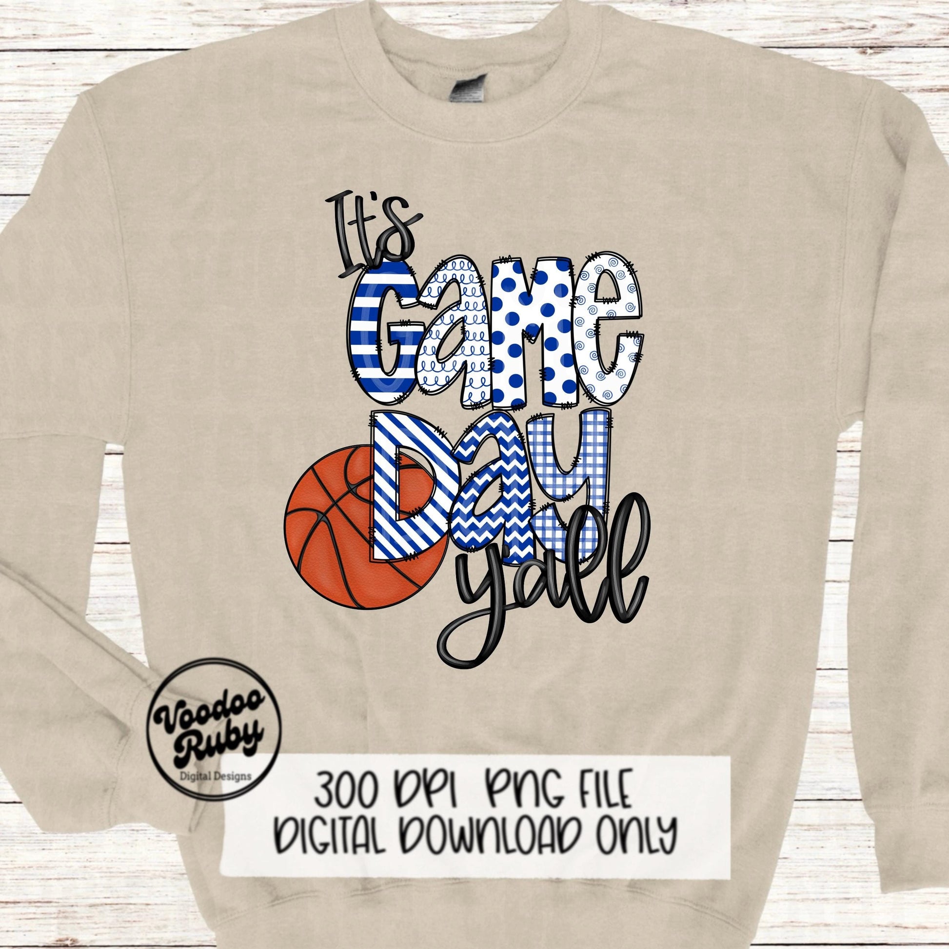 Game Day PNG Design Blue White Hand Drawn Digital Download Sublimation Basketball PNG DTF Printable