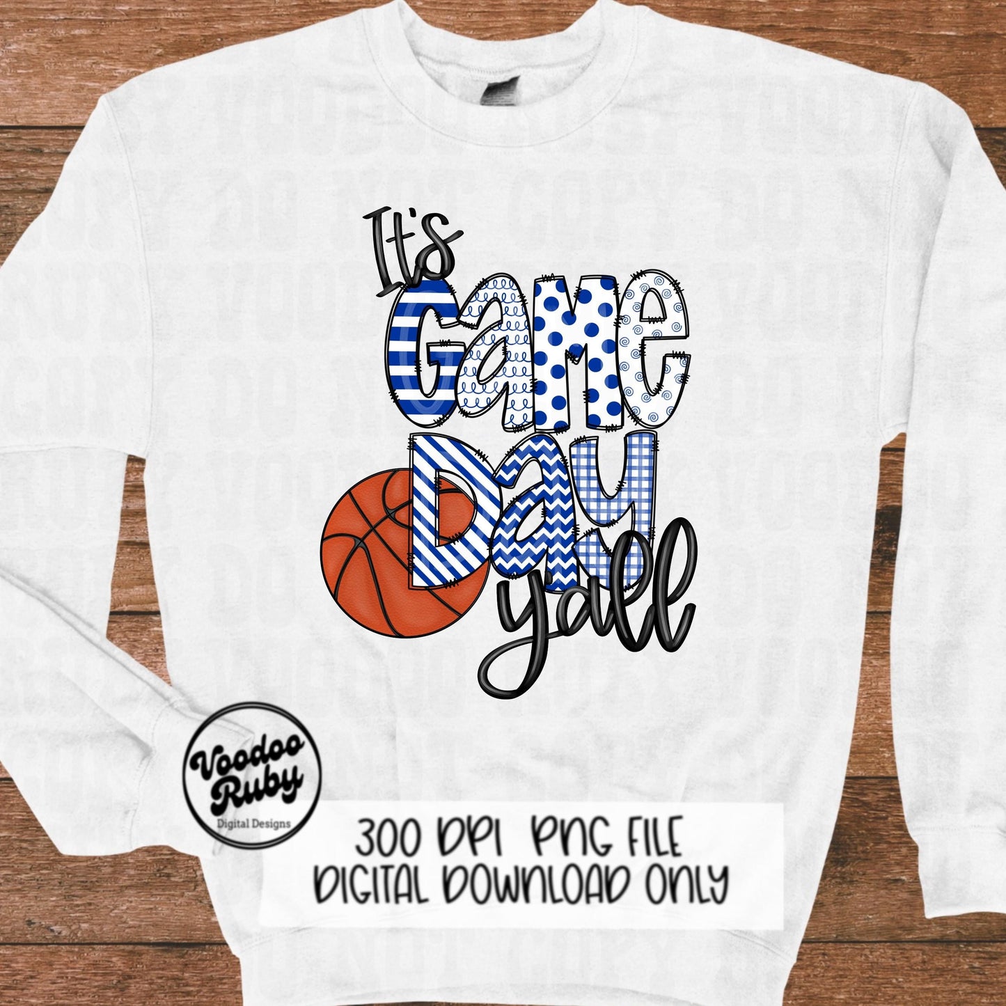 Game Day PNG Design Blue White Hand Drawn Digital Download Sublimation Basketball PNG DTF Printable