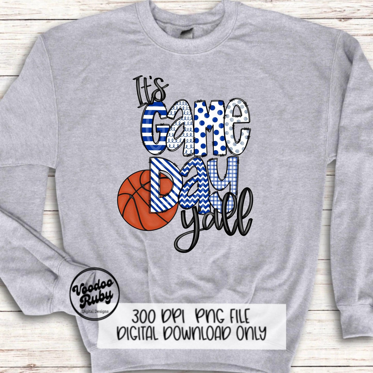 Game Day PNG Design Blue White Hand Drawn Digital Download Sublimation Basketball PNG DTF Printable