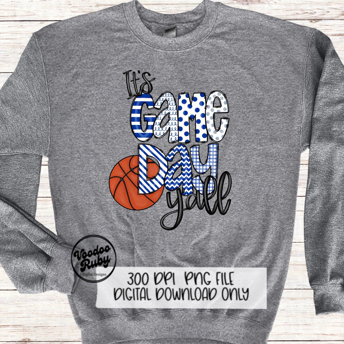 Game Day PNG Design Blue White Hand Drawn Digital Download Sublimation Basketball PNG DTF Printable