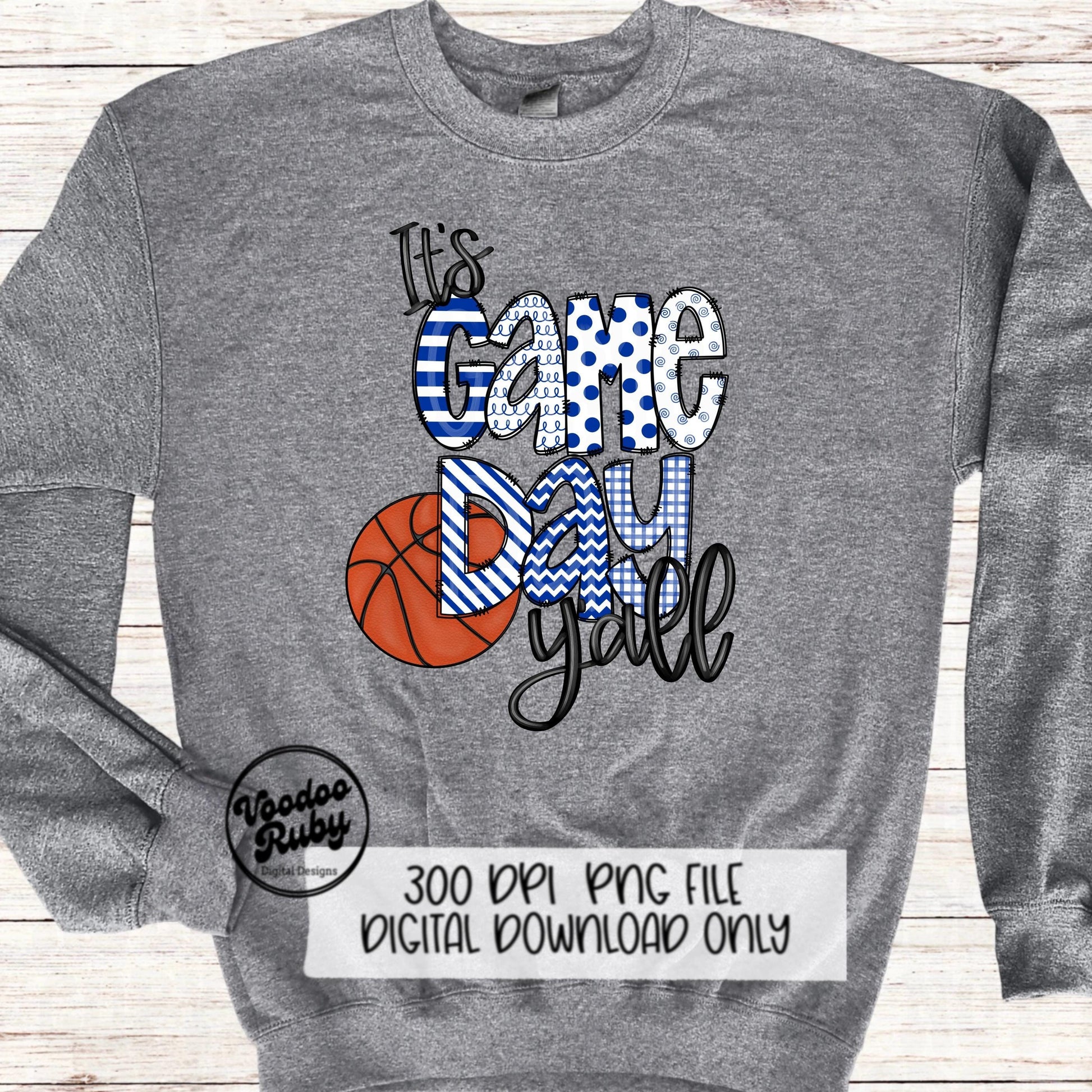 Game Day PNG Design Blue White Hand Drawn Digital Download Sublimation Basketball PNG DTF Printable