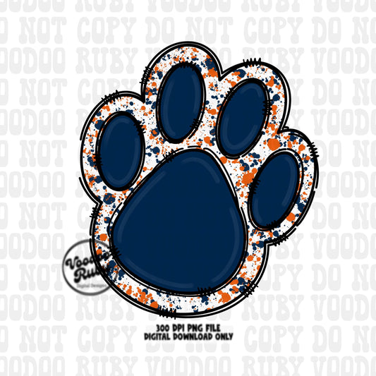 Blue Orange Paw Print PNG Sublimation Design Hand Drawn Digital Download Clip Art Mascot DTF Printable Football Clip Art