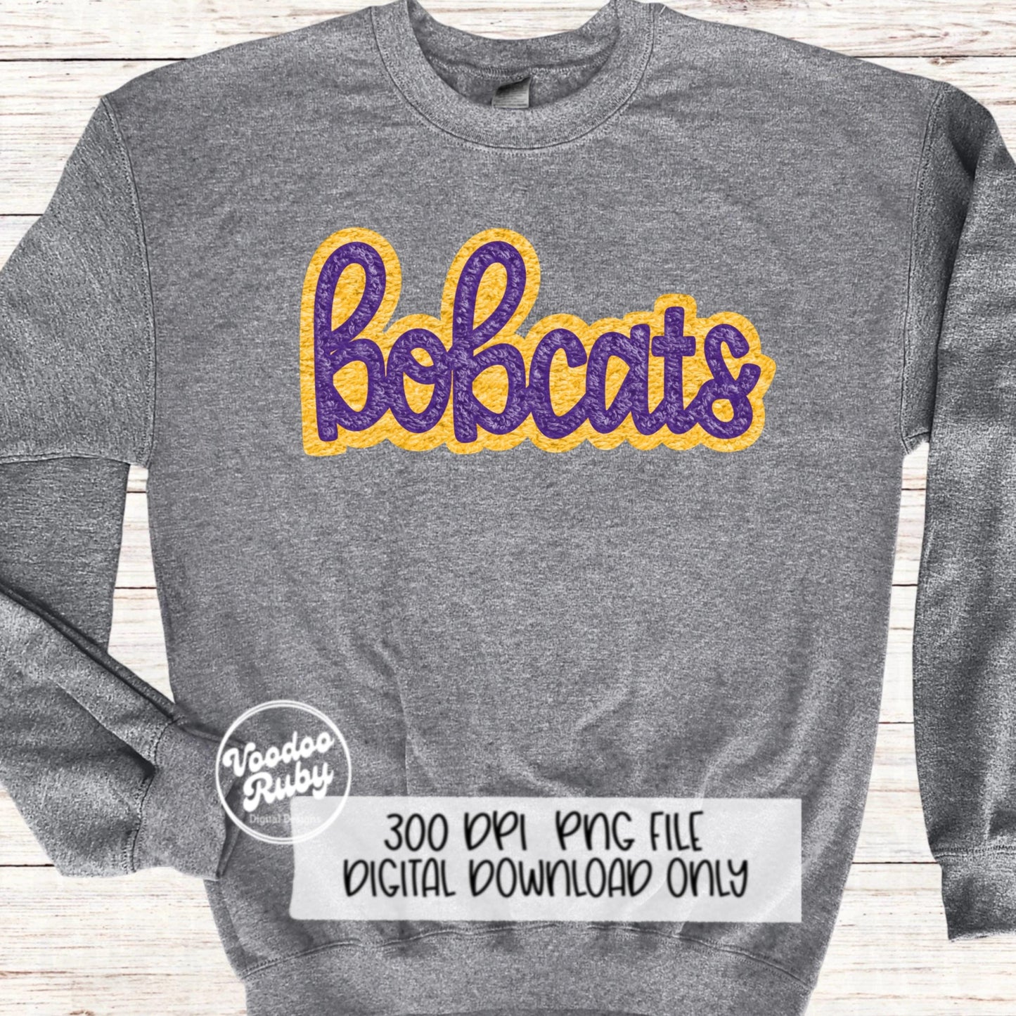 Bobcats PNG Design Faux Chenille Patches Faux Applique Hand Drawn Digital Download Sublimation Football Purple Yellow Bobcats DTF Printable
