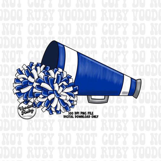 Cheer PNG Design Blue White Team Hand Drawn Digital Download PNG Megaphone Cheerleader Clip Art DTF Printable Sublimation Blanks