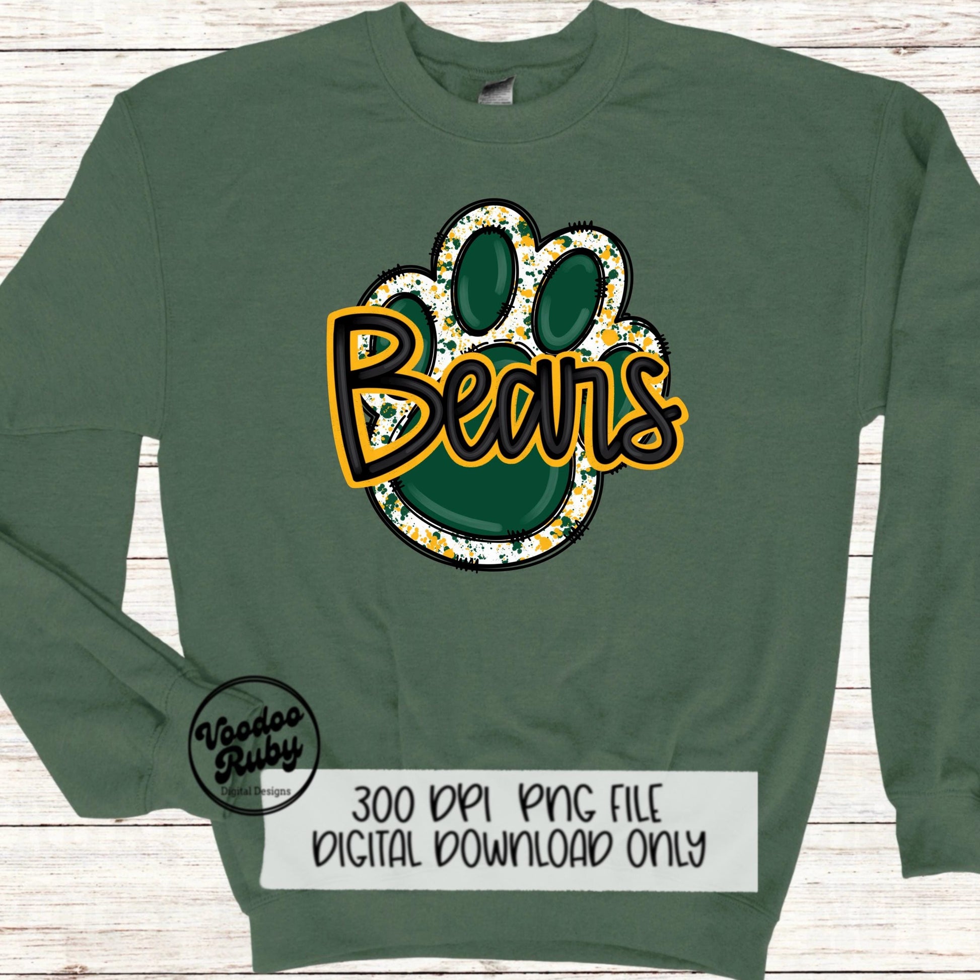 Bears PNG Design Sublimation Hand Drawn Digital Download Football png Green Gold Yellow Paw png Bears Football DTF Printable Clip Art