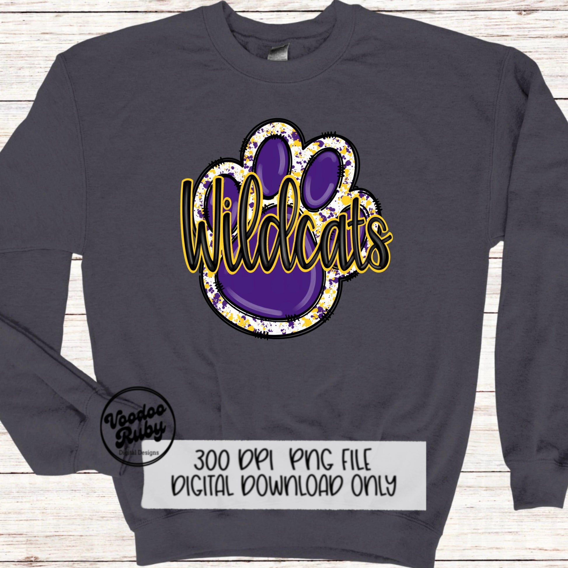 Wildcats PNG Design Sublimation Hand Drawn Digital Download Football PNG Purple Gold Wildcats Paw Print DTF Printable Clip Art