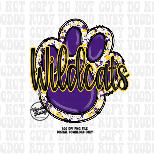 Wildcats PNG Design Sublimation Hand Drawn Digital Download Football PNG Purple Gold Wildcats Paw Print DTF Printable Clip Art