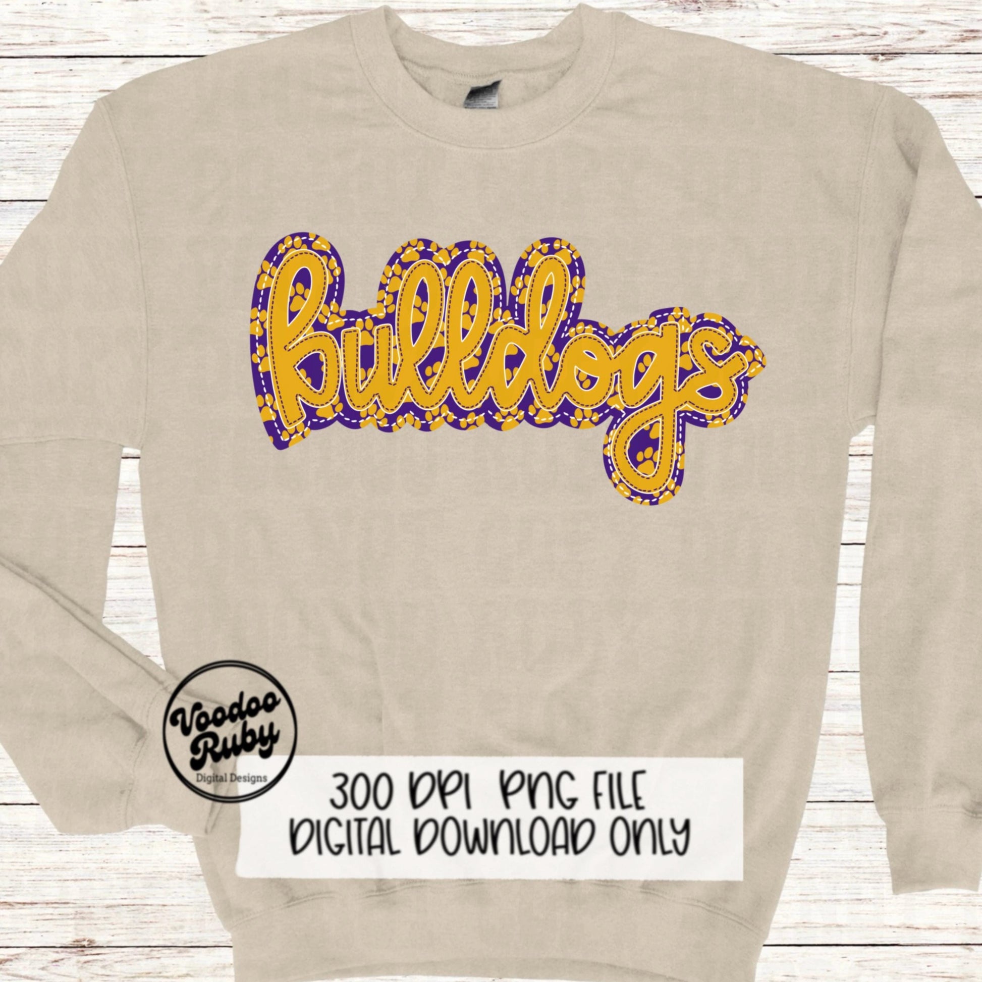 Bulldogs PNG Design Embroidery Faux Applique Hand Drawn Digital Download Sublimation Bulldogs DTF Printable Purple Gold Bulldogs Football