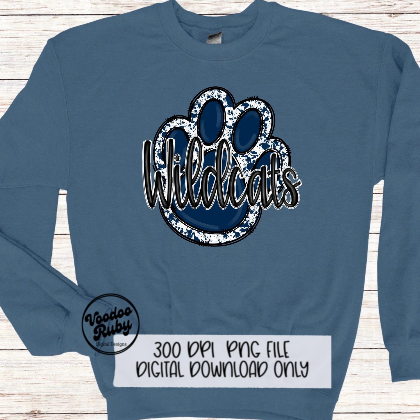 Wildcats PNG Design Hand Drawn Digital Download Sublimation Football Navy Blue Wildcats Paw Print DTF Printable Clip Art
