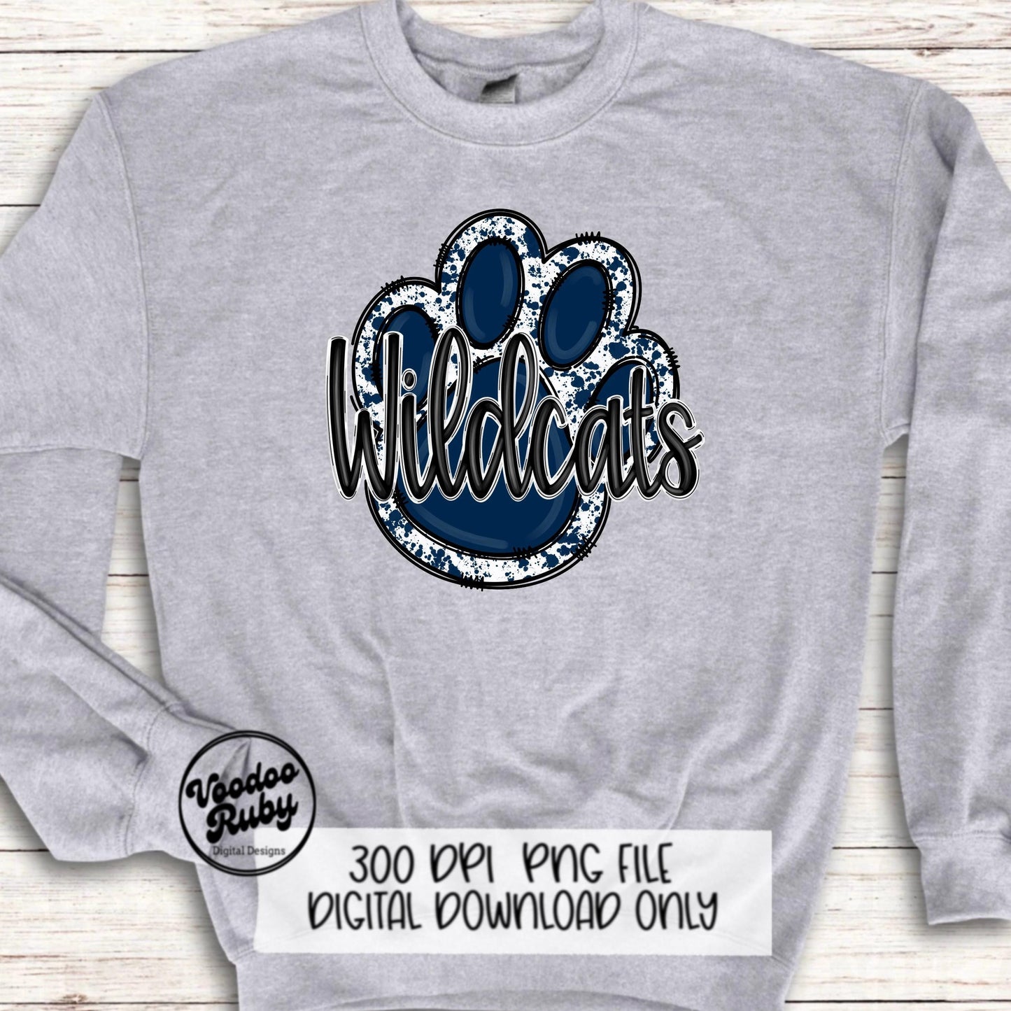 Wildcats PNG Design Hand Drawn Digital Download Sublimation Football Navy Blue Wildcats Paw Print DTF Printable Clip Art