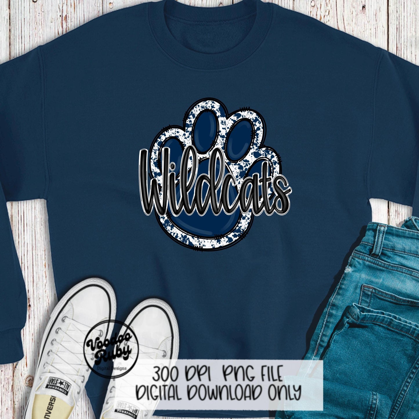 Wildcats PNG Design Hand Drawn Digital Download Sublimation Football Navy Blue Wildcats Paw Print DTF Printable Clip Art
