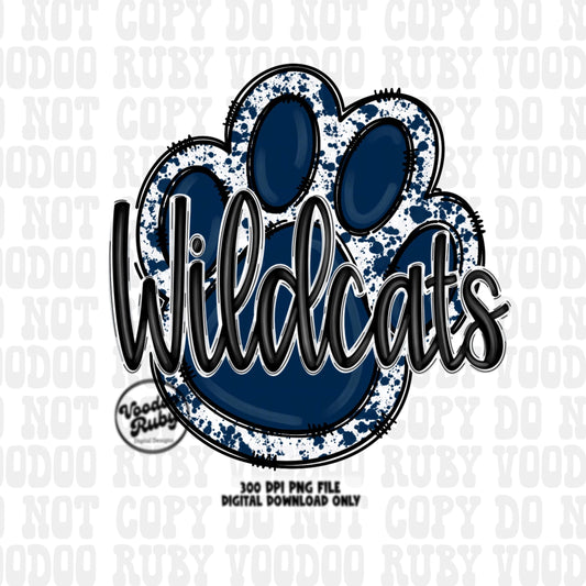 Wildcats PNG Design Hand Drawn Digital Download Sublimation Football Navy Blue Wildcats Paw Print DTF Printable Clip Art