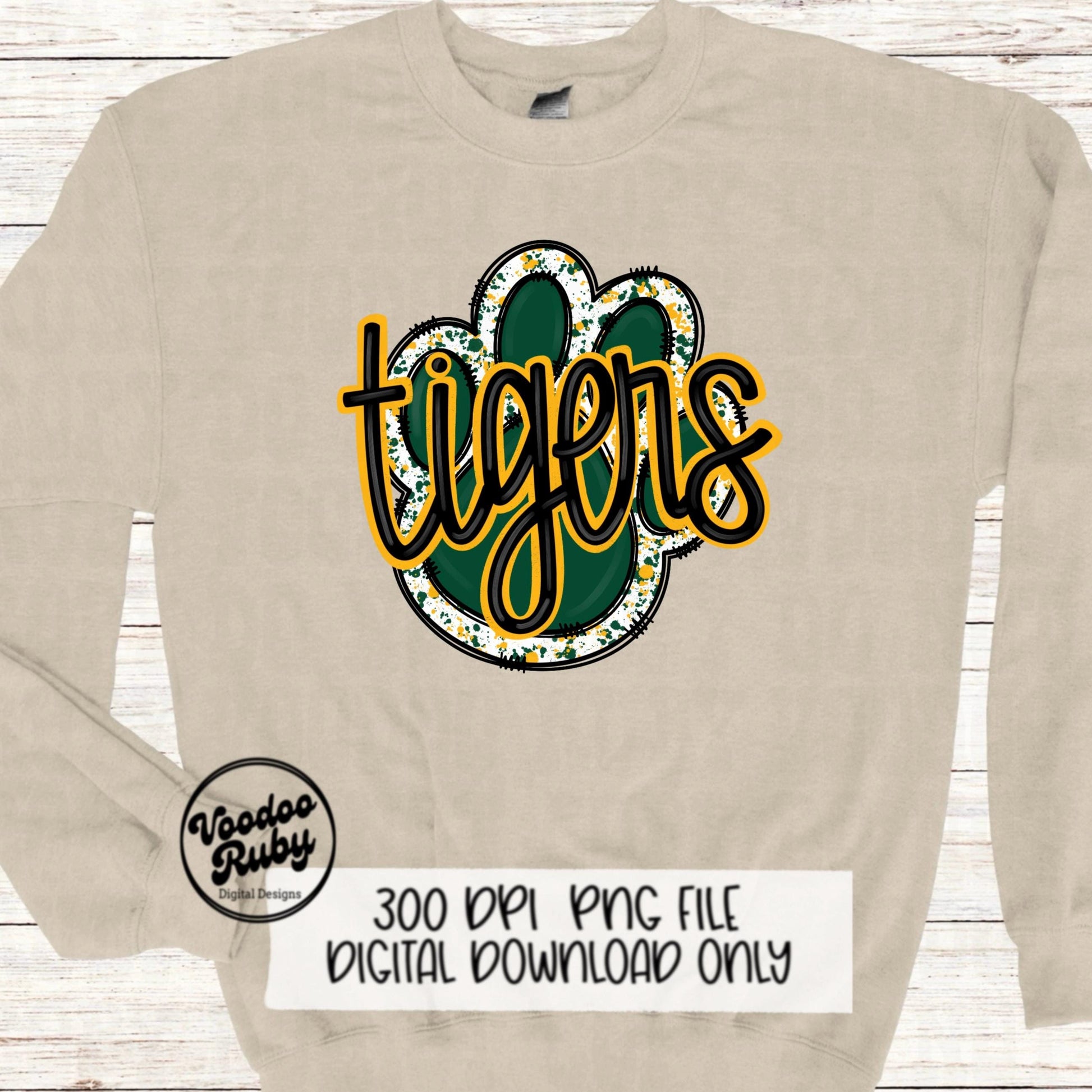 Tigers PNG Design Sublimation Hand Drawn Digital Download Football PNG Green Gold Paw Print Mascot Tigers DTF Printable