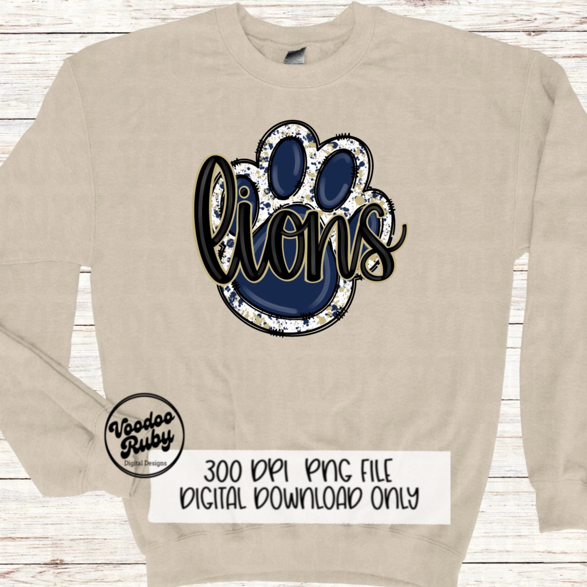 Lions PNG Design Hand Drawn Digital Download Lions Football PNG Blue Gold Paw Print Sublimation Design Lions DTF Printable