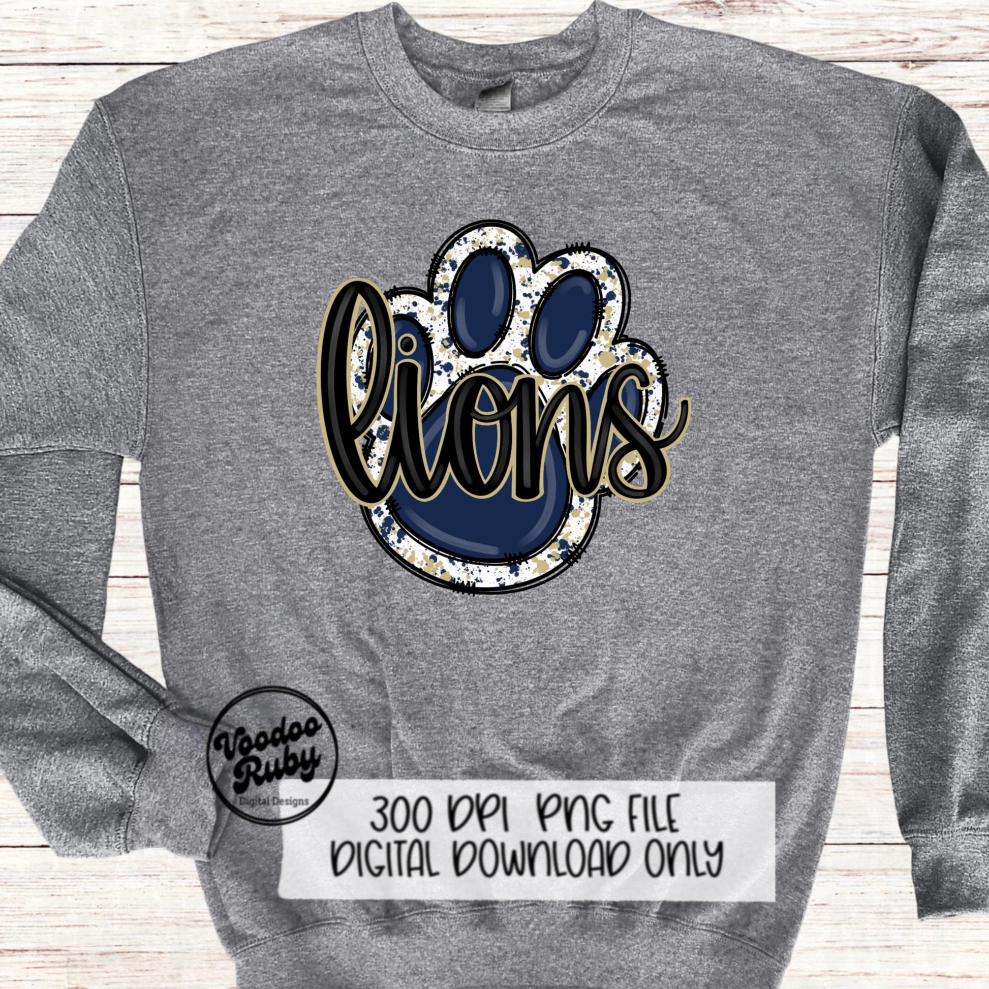 Lions PNG Design Hand Drawn Digital Download Lions Football PNG Blue Gold Paw Print Sublimation Design Lions DTF Printable