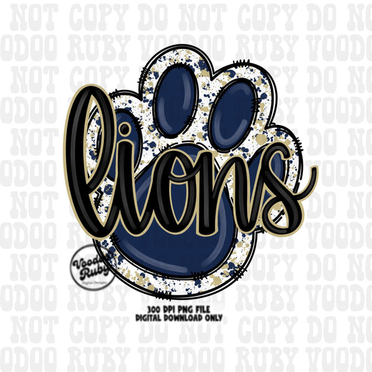 Lions PNG Design Hand Drawn Digital Download Lions Football PNG Blue Gold Paw Print Sublimation Design Lions DTF Printable
