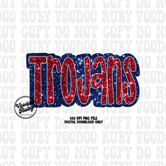 Sequin Trojans PNG Design Sublimation Hand Drawn Digital Download Faux Sequins Glitter Red Blue Trojans Football Mascot DTF Printable