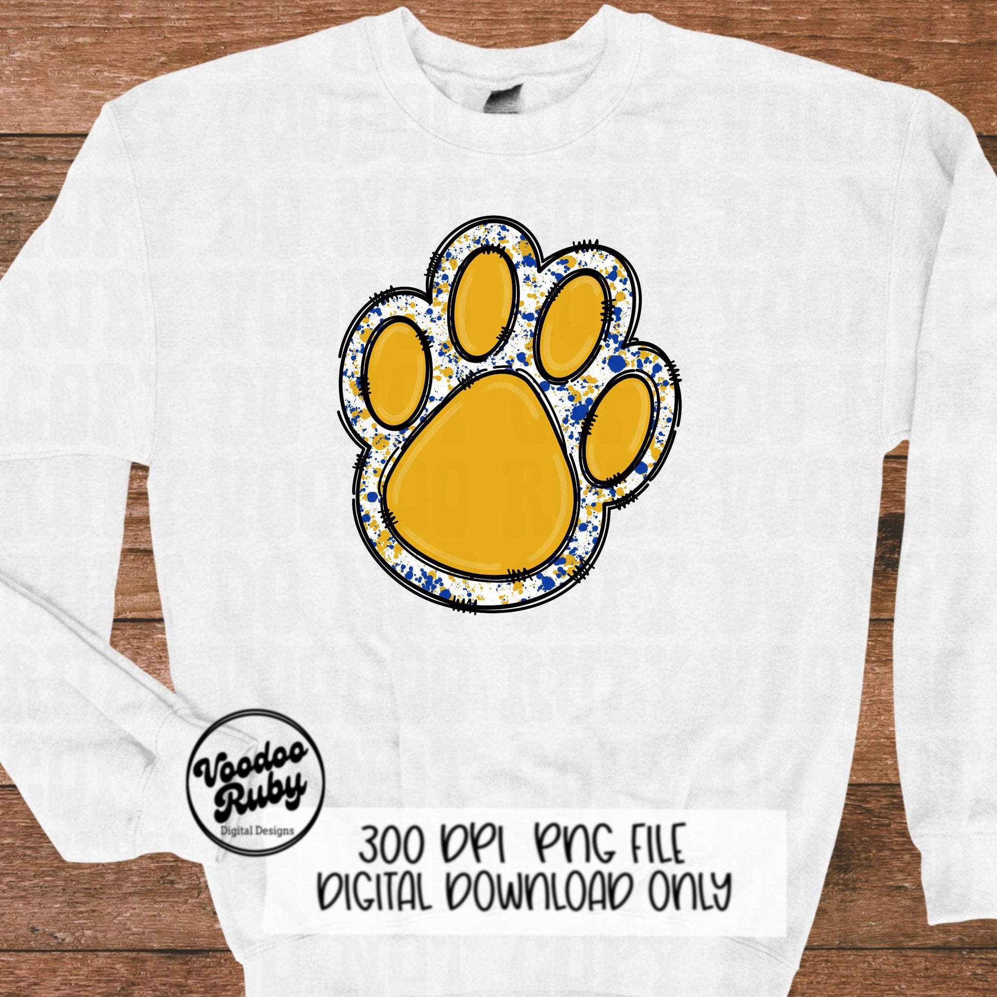 Gold and Blue Paw Print PNG Sublimation Design Hand Drawn Digital Download Football PNG Doodle Clip Art DTF Printable