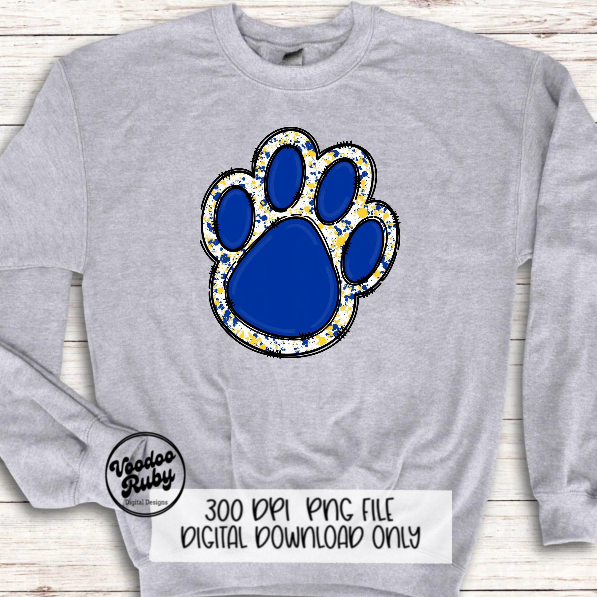 Blue Yellow Paw PNG Design Hand Drawn Digital Download PNG Sublimation Paw Print Doodle Clip Art DTF Printable