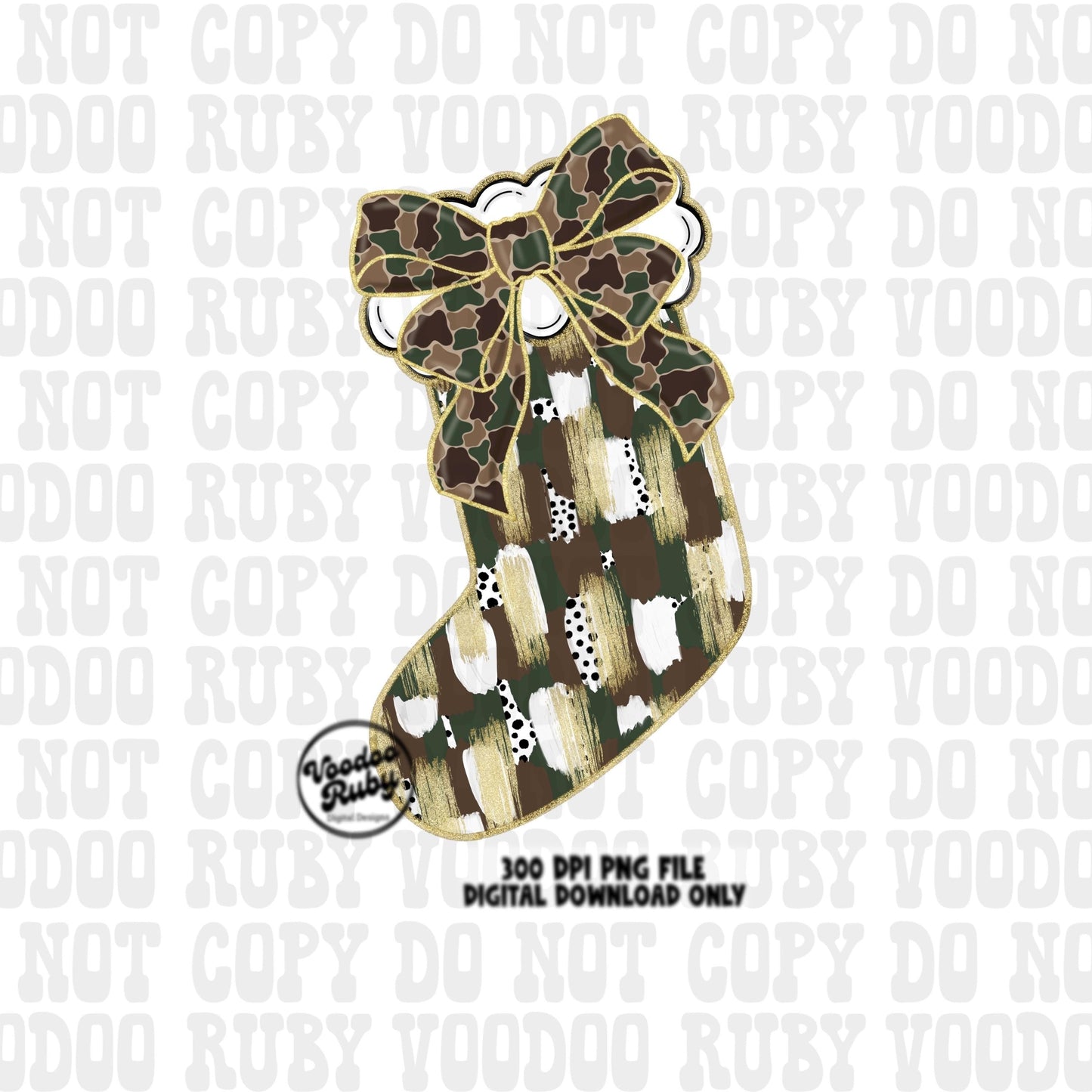 Camo Bow Holiday Stocking PNG - Unique Hand Drawn Sublimation Download for Christmas Cheer Hunting Christmas Camo Coquette Glitter DTF