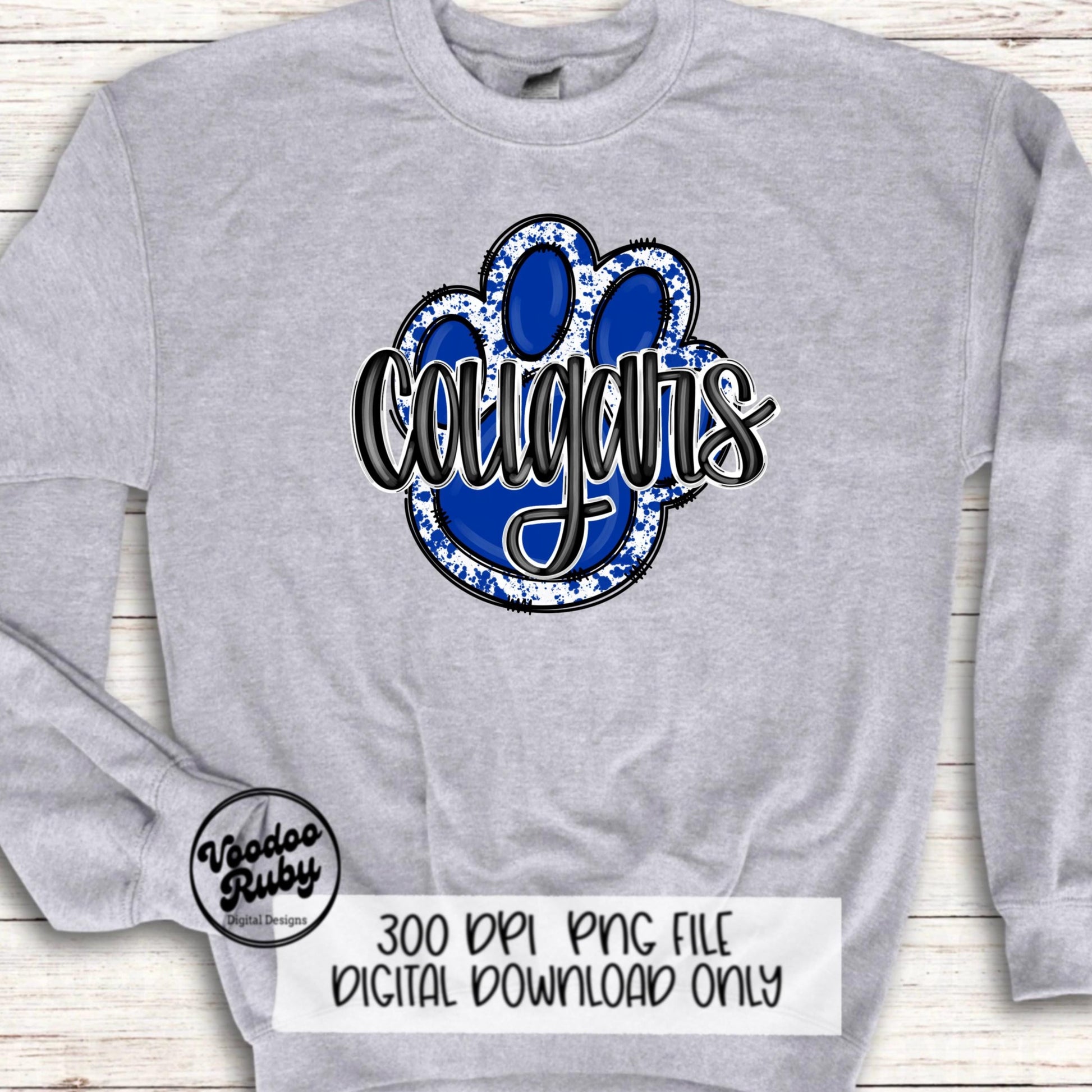 Cougars PNG Design Sublimation Hand Drawn Digital Download Football PNG Paw Print Blue White Cougars Mascot DTF Printable