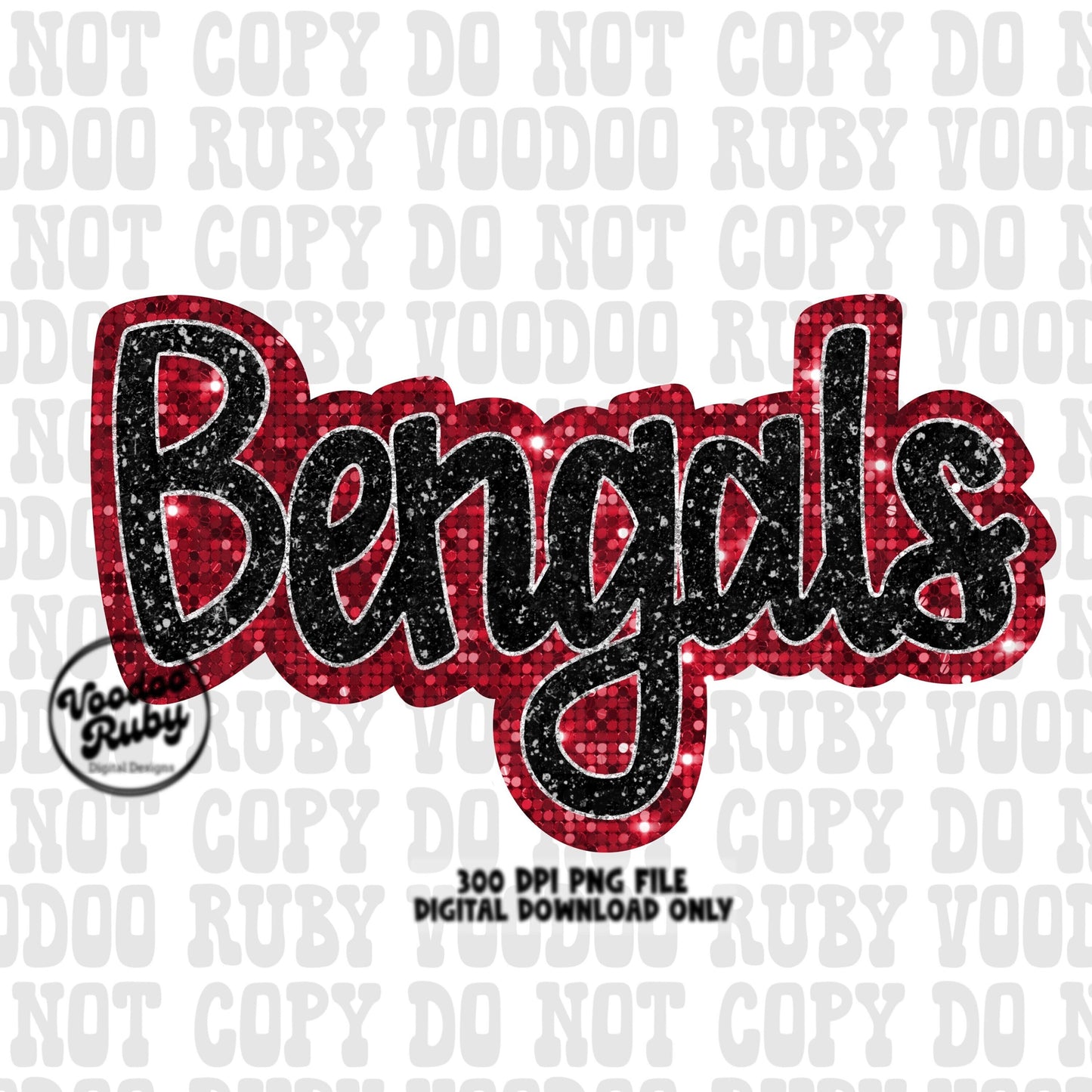 Bengals PNG Design Sequins Sublimation Hand Drawn Digital Download Faux Sequins Patch PNG Glitter Mascot Appliqué Red Bengals Football DTF