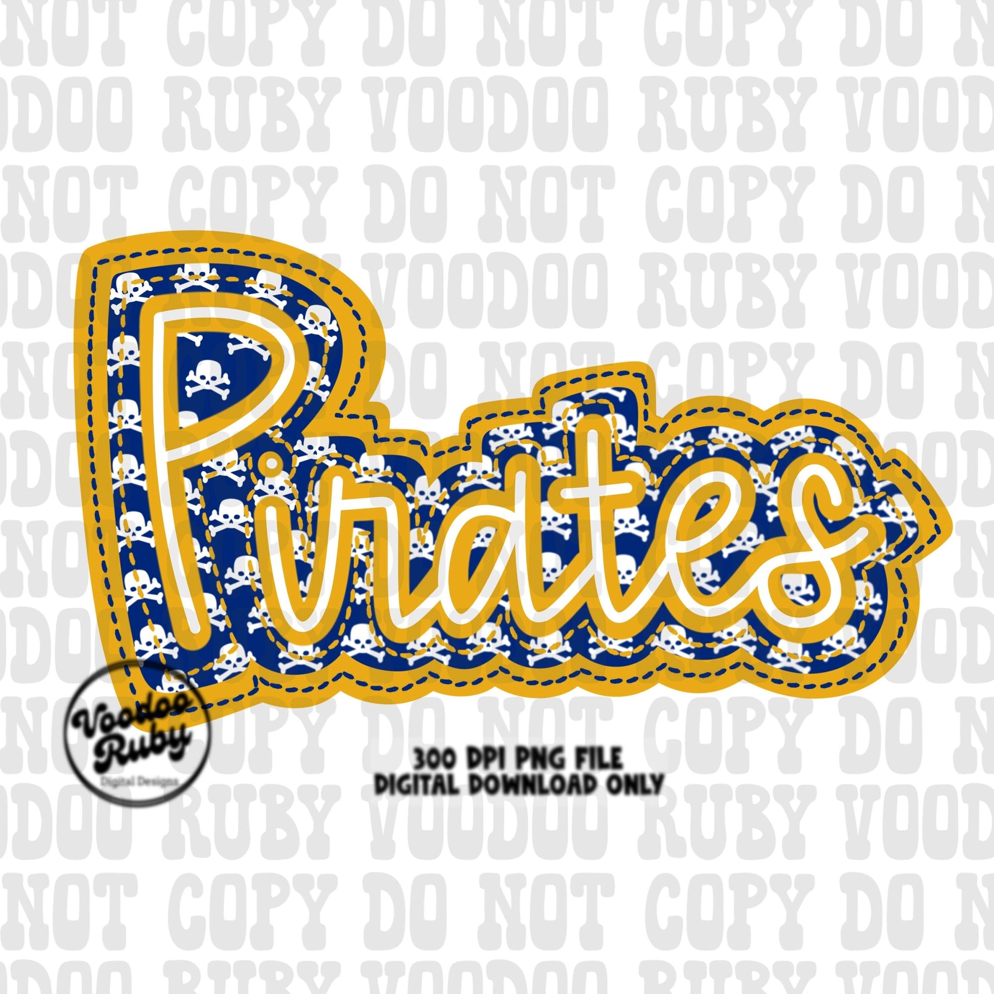 Pirates PNG Design Sublimation Hand Drawn Digital Download Embroidery PNG Faux Applique Blue Gold Pirates Football png DTF Printable Mascot