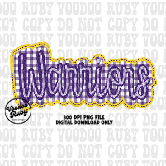 Warriors PNG Design Embroidery Faux Applique Hand Drawn Digital Download Sublimation Warriors DTF Printable Purple Warriors Mascot Football
